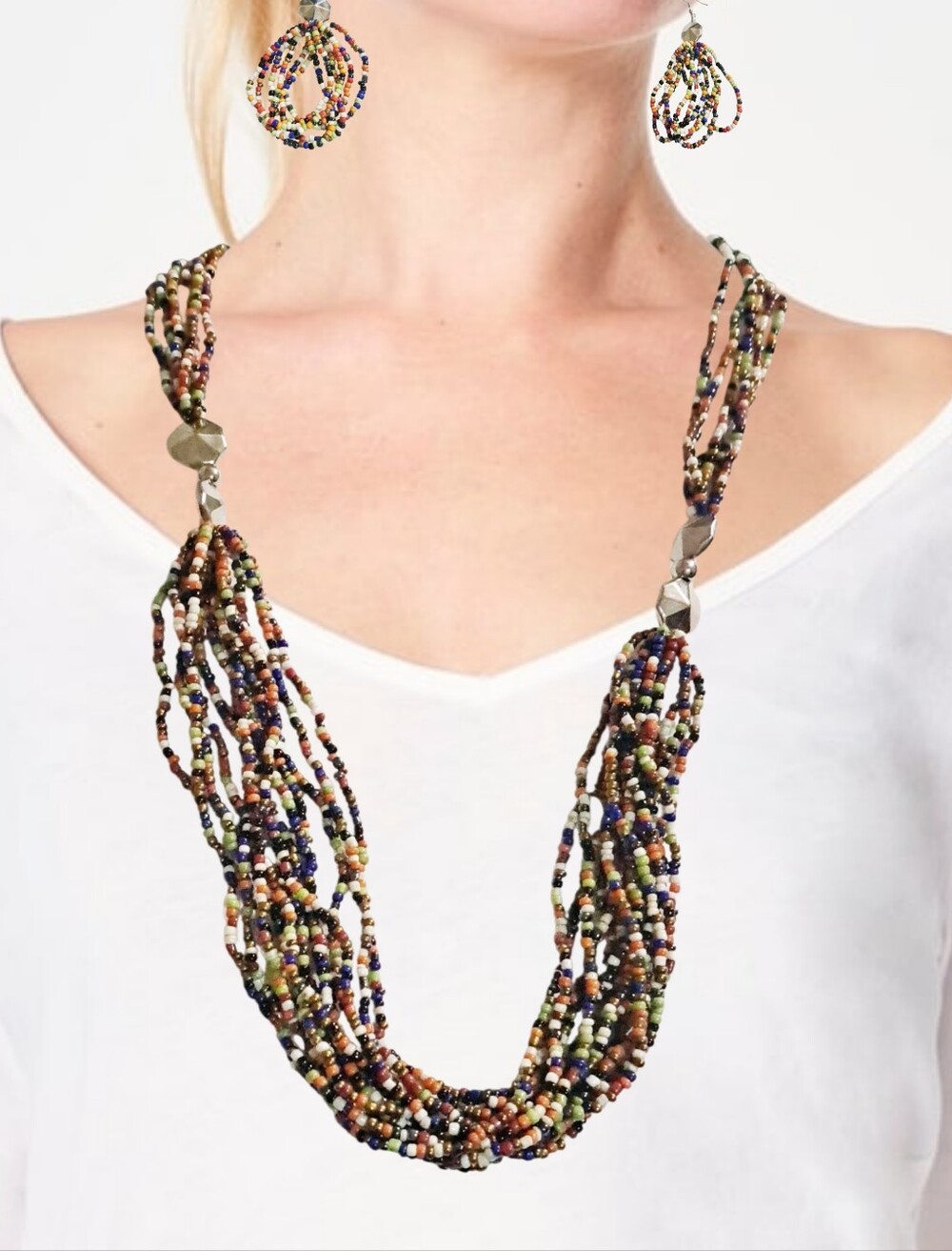 Small Glass Beads Multi-Strand Infinity Necklace, Bracelet, & Earrings Set NWOT